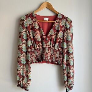 Wilfred Aritzia Floral V-Neck Smocked Waist Blouse, Coral/Blue, Size S